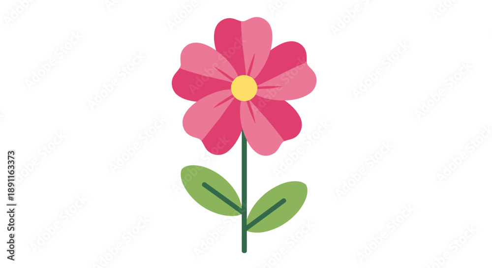 Fototapeta premium Cartoon flower illustration with pink petals green stem and leaves isolated