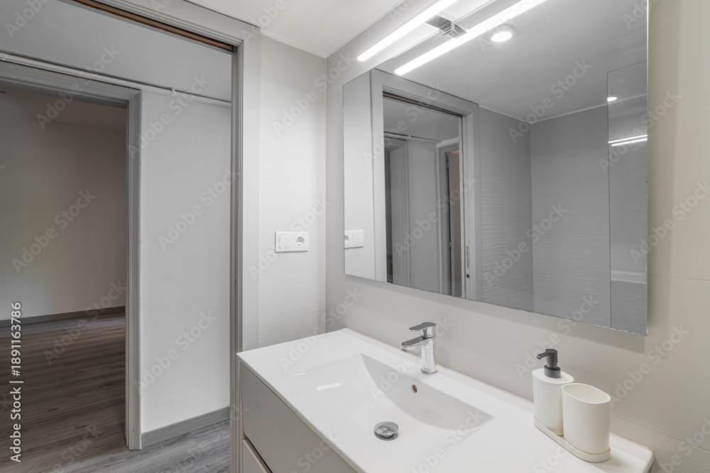 custom made wallpaper toronto digitalModern bathroom with a sleek design. Features a white sink, large mirror, and minimalistic decor. Bright lighting enhances the spacious feel.