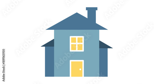 Simple house illustration blue exterior yellow door chimney and white background