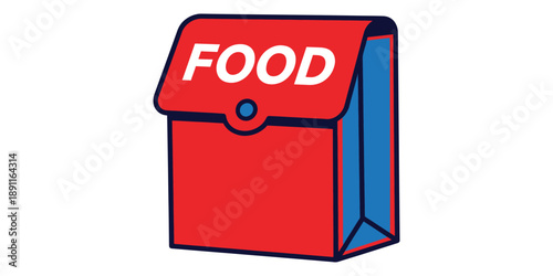 A red lunch box with a blue interior and the word food on top isolated on white background