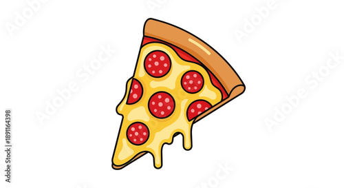 A delicious and inviting flat design illustration of a pepperoni pizza slice, representing fast food and Italian cuisine. This clean vector icon is ideal for pizzerias, food delivery apps, or menu des