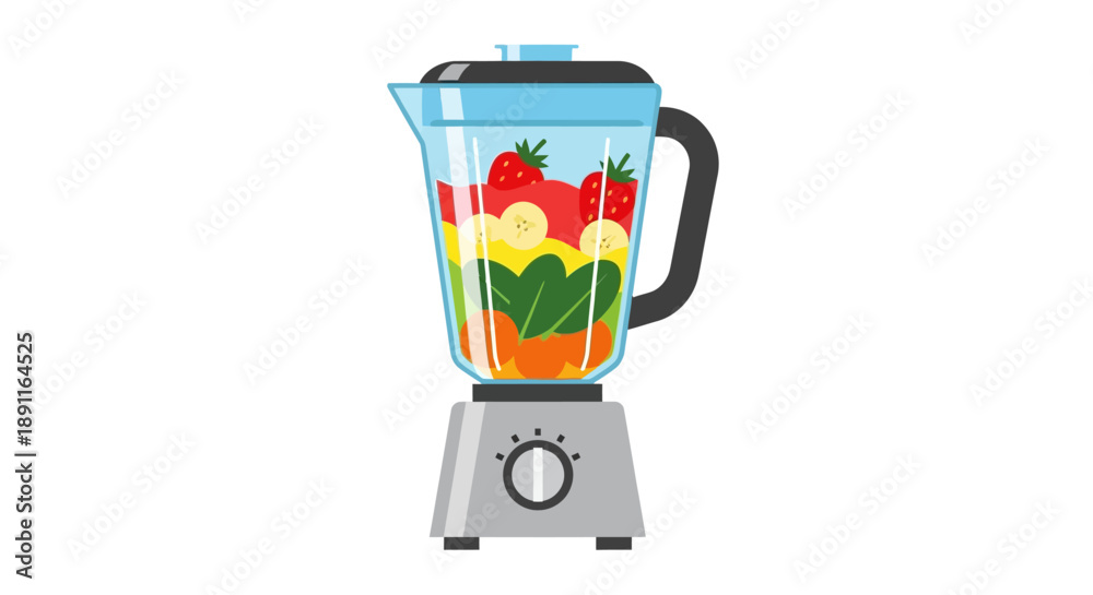 Fototapeta premium A sleek and functional flat design illustration of a modern kitchen blender containing a vibrant fruit smoothie, representing healthy drinks and food preparation. 