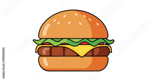 A delicious and iconic flat design illustration of a cheeseburger, representing popular fast food and American cuisine. This clean vector icon is ideal for restaurants, food delivery apps
