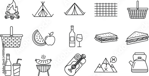 Outdoor camping and picnic line icon set featuring campfire, tent, picnic basket, food, drinks, and hiking elements for summer adventure and vacation travel designs