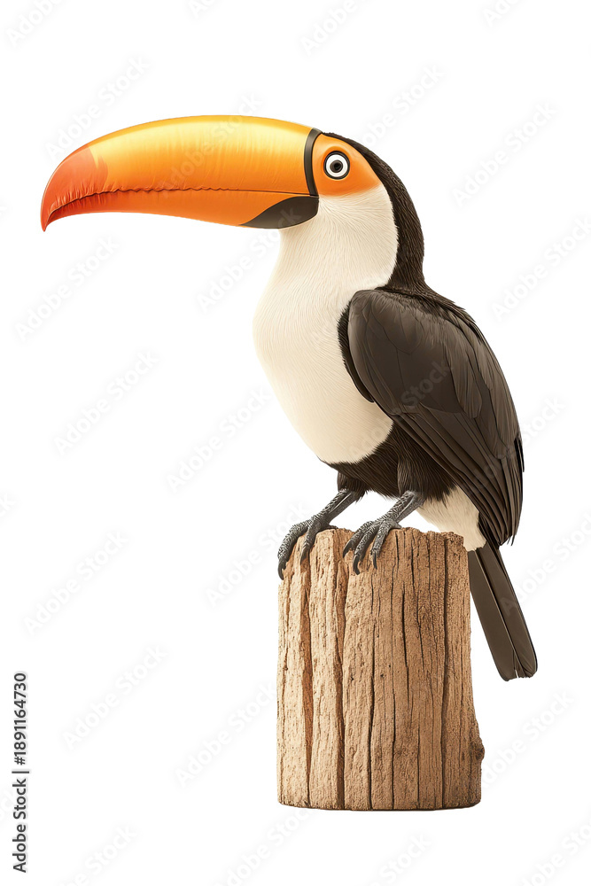 Naklejka premium Bright tropical toucan bird with large orange beak perching on natural wooden post available as a transparent PNG cutout