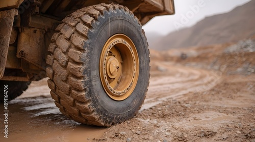 Close up of a large muddy tire and yellow rim of a heavy duty truck on a dirt track in a mining quarry
