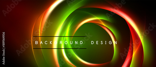 Abstract vibrant circles, flowing lines. Dark background highlights bright neon colors, creating dynamic visual effect. Text reads background design.