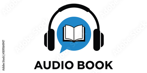 Audio book logo with headphones and speech bubble isolated on white background