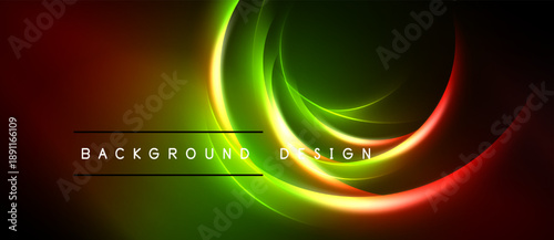 Abstract neon swirls, vibrant colors blend. Dark background emphasizes glowing curves, creating dynamic visual impact. Text reads background design.