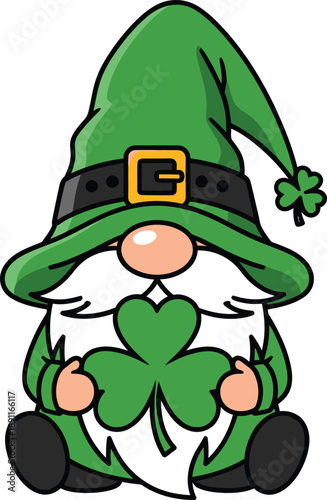 A cheerful cartoon gnome wearing a green hat and holding a shamrock for st patricks day