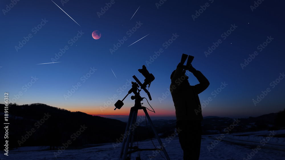 Fototapeta premium Amateur astronomer observing stars, planets, Moon eclipse and other celestial objects.