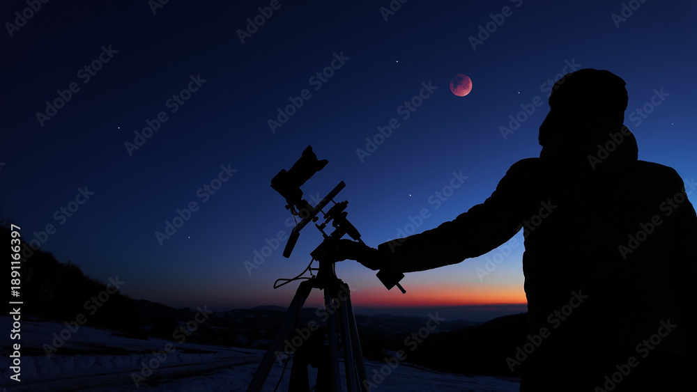 Fototapeta premium Amateur astronomer observing stars, planets, Moon eclipse and other celestial objects.