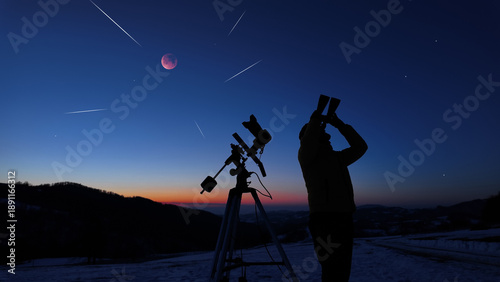 Foto Amateur astronomer observing stars, planets, Moon eclipse and other celestial objects