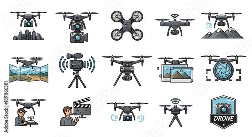 Collection of drone icons illustrating various types of unmanned aerial vehicles, their applications in photography, videography, and delivery, and associated equipment.