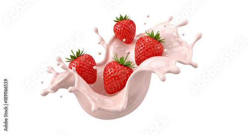 Strawberries splashing into pink liquid