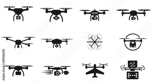 A collection of black and white drone icons and silhouettes, showcasing various designs and perspectives of unmanned aerial vehicles.
