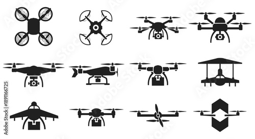 A collection of black and white drone icons and silhouettes, showcasing various designs and perspectives of unmanned aerial vehicles.