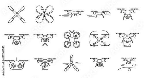 A collection of black and white drone icons and silhouettes, showcasing various designs and perspectives of unmanned aerial vehicles.