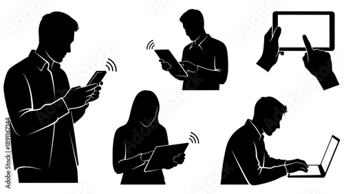 Collection of silhouetted individuals engaging with various digital devices in different poses and orientations