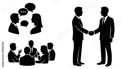 Business professionals engage in discussion and negotiation, illustrating corporate communication and partnership in a professional environment from a side viewpoint