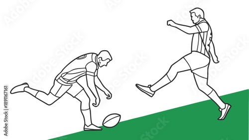 Two rugby players kicking the ball on the field.