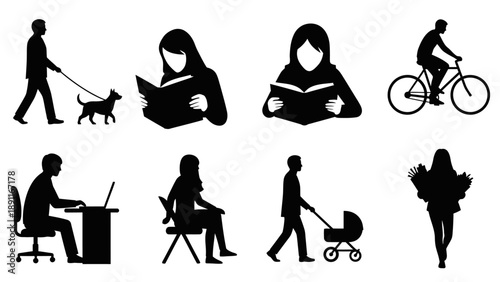 Daily Life Scenes Featuring People Engaged in Various Activities such as Reading, Cycling, and Parenting