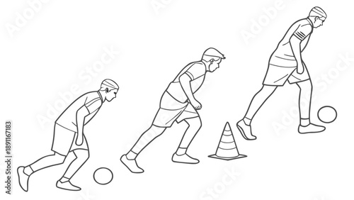 Man practicing soccer dribbling skills with cones.