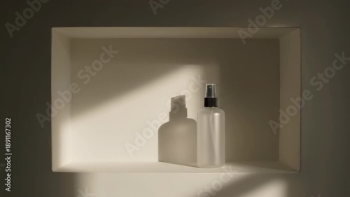 Minimalist Frosted Spray Bottle Mockup with Dramatic Shadows in White Niche for Cosmetic or Wellness Branding