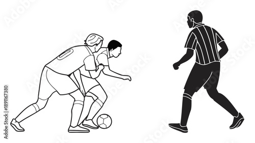 Two soccer players competing for the ball with a referee nearby.