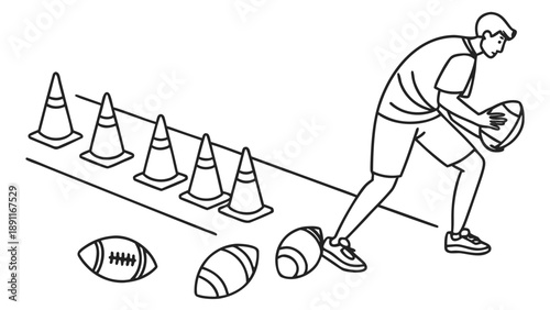 Man practicing sports training with cones and balls.