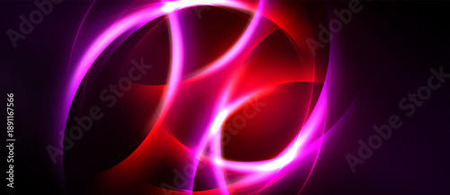 Abstract design features vibrant curves, glowing lines. Red, purple hues dominate dark background. Dynamic, energetic composition.