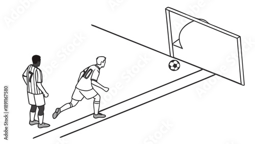 Soccer players practicing penalty kick on a white background.