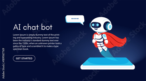 AI chatbot assistant web banner template. Smart virtual assistant. Cute futuristic robot in a red cape flies out of a smartphone. Vector editable template.