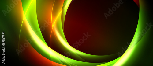 Abstract design features vibrant curves, gradients. Green, orange hues dominate dark background. Modern, dynamic visual composition.