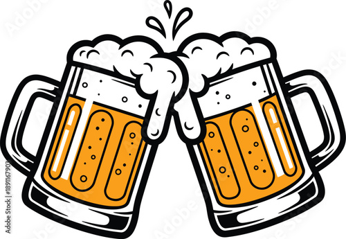 Two beer mugs clinking together with foam and liquid in a celebratory toast