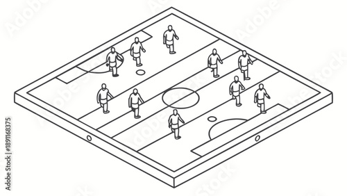 Isometric soccer field with players in action on a white background.