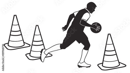 Basketball player dribbling through traffic cones in training exercise.