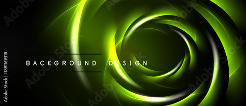 Abstract swirling neon lines create dynamic background. Green hues dominate dark space, forming vortex effect. Text reads background design.
