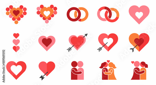 Collection of diverse heart icons and romantic symbols perfect for Valentine's Day celebrations, anniversaries, and relationship-themed designs