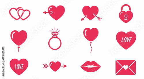 Charming collection of romantic Valentine's Day illustrations featuring cute hearts, sweet chocolates, engagement rings, and loving gifts in a delightful cartoon style