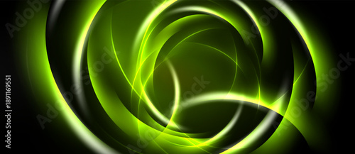 Abstract design features swirling green lines, luminous curves against dark background. Dynamic composition evokes energy, movement.