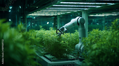 Automated indoor farm robotic arm tending to plants for efficient agriculture and cultivation tech design