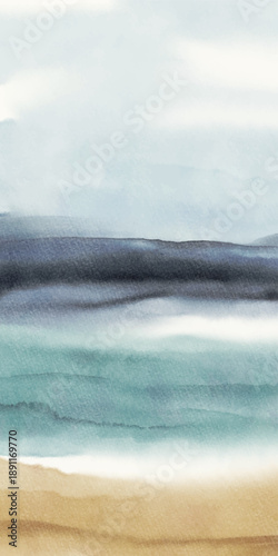 Minimal watercolor-style abstract landscape with layered blue, teal, and sand tones, evoking calm sea, horizon, and natural serenity. vector