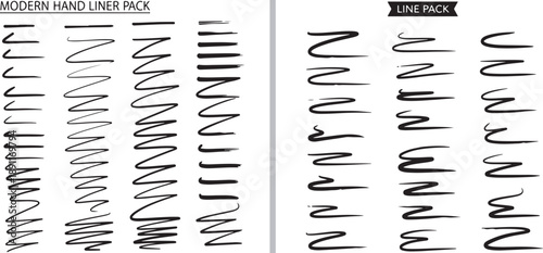 A collection of black hand-drawn vector brush strokes, zigzags, and scribbles. Features various line weights and textures including "Modern Hand Liner Pack" and "Line Pack" styles on white.