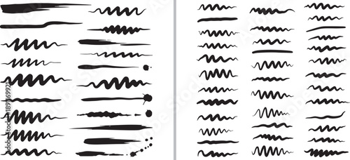 A collection of expressive black ink brush strokes, zig-zags, and wavy lines. These hand-drawn vector elements feature varied textures, from smooth sweeps to jagged, energetic scribbles.