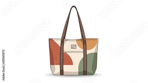 Tote bag with abstract colorful pattern and brown handles