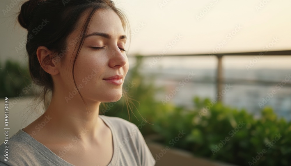 Obraz premium Woman meditating on hotel balcony close portrait with eyes closed and soft sunrise glow on skin