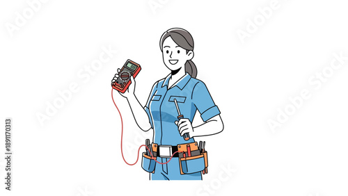 Woman in blue jumpsuit holds multimeter and screwdriver tool belt