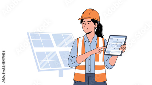 Woman in hard hat and vest pointing to tablet near solar panel