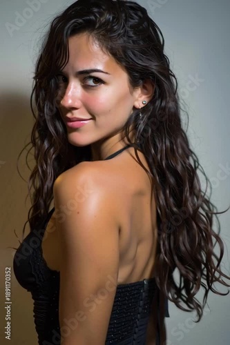 beautiful brunette woman with curly hair in black top, sexy glamorous female model posing on white background, stunning attractive woman with long curly hair and elegant outfit